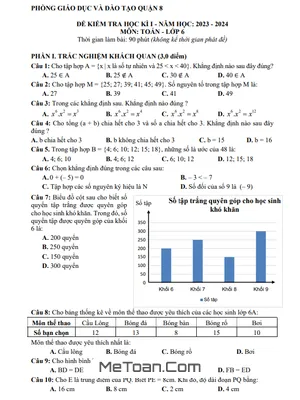 Đề thi học kì 1 Toán lớp 6 năm 2023 - 2024 phòng GD&ĐT Quận 8 - TP.HCM