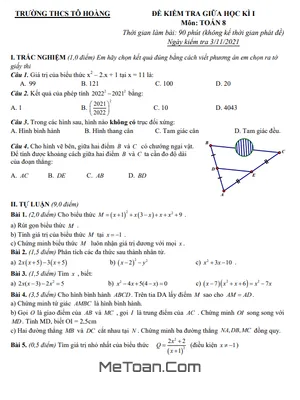 Đề thi giữa kì 1 Toán 8 năm 2021 - 2022 trường THCS Tô Hoàng - Hà Nội