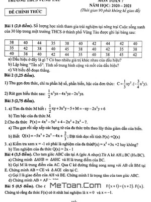 Đề thi học kỳ 2 Toán lớp 7 năm 2020 - 2021 trường THCS Vũng Tàu - BR VT
