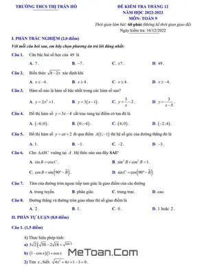Đề kiểm tra Toán 9 tháng 12 năm 2022 trường THCS Thị trấn Hồ - Bắc Ninh