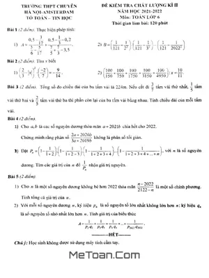 Đề thi học kì 2 Toán lớp 6 năm 2021 - 2022 trường chuyên Hà Nội - Amsterdam