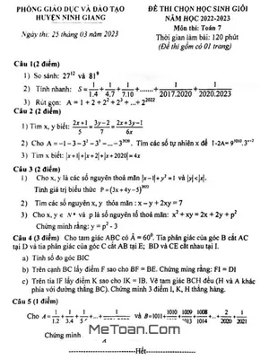 Đề thi học sinh giỏi Toán 7 năm 2022 - 2023 phòng GD&ĐT Ninh Giang - Hải Dương