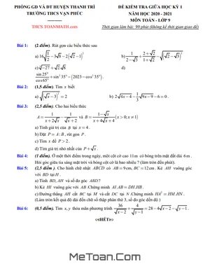Đề thi giữa kì 1 Toán 9 năm 2020 - 2021 trường THCS Vạn Phúc - Hà Nội