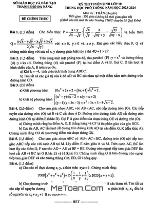 Đề thi tuyển sinh lớp 10 môn Toán (chuyên) năm 2023 - 2024 Sở GD&ĐT Đà Nẵng