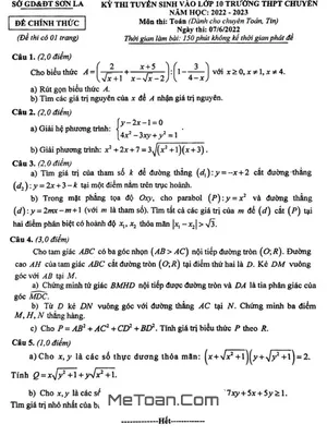 Đề thi Tuyển sinh Lớp 10 Môn Toán (Chuyên) Năm 2022 - 2023 Trường THPT Chuyên Sơn La