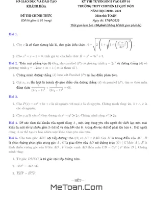 Đề thi tuyển sinh lớp 10 môn Toán trường Chuyên Lê Quý Đôn - Khánh Hòa năm học 2020 - 2021