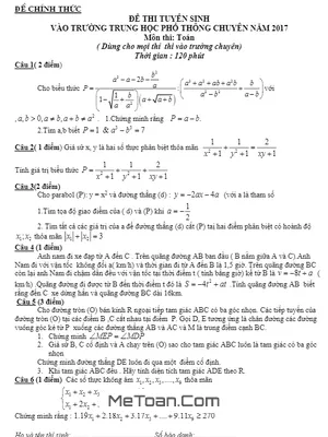 Đề thi tuyển sinh lớp 10 chuyên Toán Sư Phạm Hà Nội năm 2017-2018 (Vòng 1)