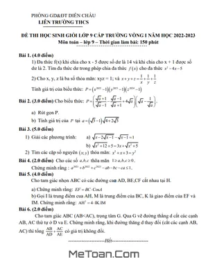 Đề HSG Toán 9 Vòng 1 Năm 2022 - 2023 Liên Trường THCS Huyện Diễn Châu - Nghệ An