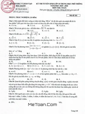 Đề Tham Khảo Tuyển Sinh Lớp 10 Môn Toán Năm 2025 - 2026 Sở GD&ĐT Bắc Giang