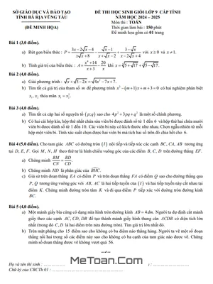 Đề Minh Họa Thi HSG Toán 9 Năm 2024 - 2025 Sở GD&ĐT Bà Rịa - Vũng Tàu