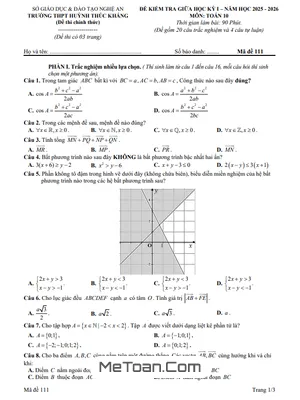 Đề Thi Giữa Kỳ 1 Toán 10 Năm 2025 - 2026 THPT Huỳnh Thúc Kháng, Nghệ An (Có Đáp Án)