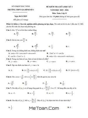 Đề Thi Giữa Kỳ 1 Toán 11 Năm 2025 - 2026 THPT Gia Bình 1 Bắc Ninh (Có Đáp Án)