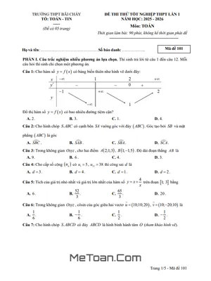 Đề Thi Thử Tốt Nghiệp THPT 2026 Lần 1 Môn Toán Trường THPT Bãi Cháy – Quảng Ninh