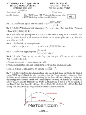 Đề kiểm tra HK1 Toán 10 năm học 2016 - 2017 trường Nguyễn Du - TP.HCM (Có lời giải)