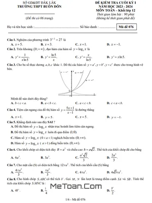 Đề thi học kỳ 1 Toán 12 năm 2023 - 2024 trường THPT Buôn Đôn - Đắk Lắk (có đáp án)