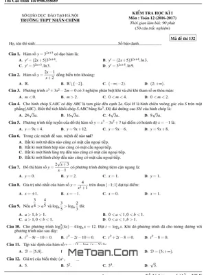 Đề thi HK1 Toán 12 năm 2016 - 2017 trường THPT Nhân Chính - Hà Nội (có đáp án)