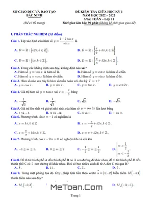 Đề kiểm tra giữa học kỳ 1 Toán 11 năm 2022 - 2023 Sở GD&ĐT Bắc Ninh