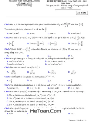 Đề thi định kỳ lần 3 Toán 12 năm học 2018 - 2019 trường THPT chuyên Bắc Ninh