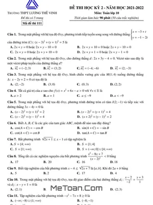 Đề thi học kỳ 2 Toán 10 năm 2021 - 2022 trường Lương Thế Vinh - Hà Nội
