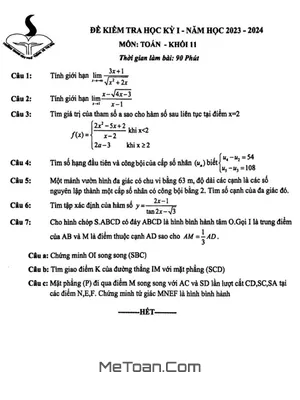 Đề thi học kỳ 1 Toán 11 năm 2023 - 2024 trường THPT Võ Thị Sáu - TP.HCM