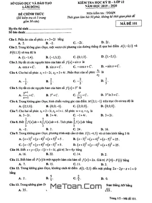 Đề thi học kỳ 2 Toán 12 năm học 2019 - 2020 sở GD&ĐT Lâm Đồng