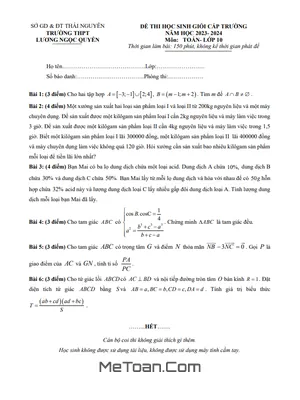 Đề thi học sinh giỏi Toán 10 năm 2023 - 2024 trường THPT Lương Ngọc Quyến - Thái Nguyên