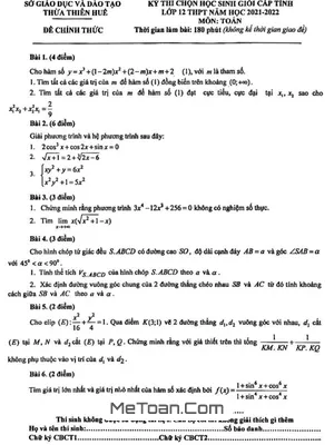 Đề thi học sinh giỏi tỉnh Toán 12 năm 2021 - 2022 sở GD&ĐT Thừa Thiên Huế