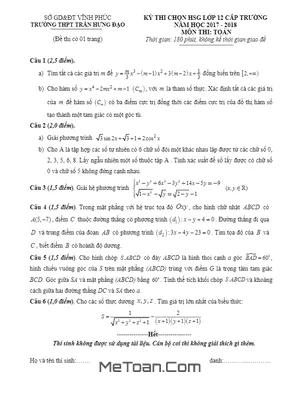 Đề thi chọn HSG lớp 12 cấp trường môn Toán năm 2017 - 2018 trường THPT Trần Hưng Đạo - Vĩnh Phúc