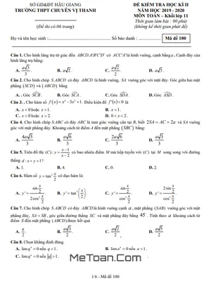 Đề thi học kì 2 môn Toán lớp 11 năm 2019 - 2020 trường THPT chuyên Vị Thanh - Hậu Giang