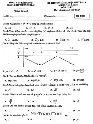 Đề thi thử tốt nghiệp THPT 2020 môn Toán lần 4 trường chuyên Nguyễn Trãi - Hải Dương