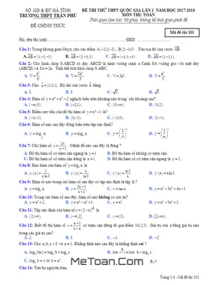Đề thi thử Toán THPT Quốc gia 2018 trường THPT Trần Phú – Hà Tĩnh lần 1 mã đề 101