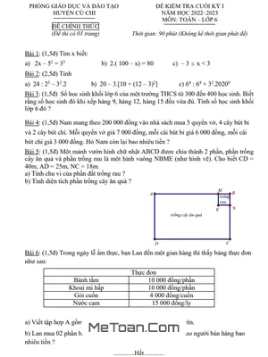 Đề thi học kỳ 1 Toán lớp 6 năm 2022 - 2023 phòng GD&ĐT Củ Chi - TP.HCM (có đáp án)