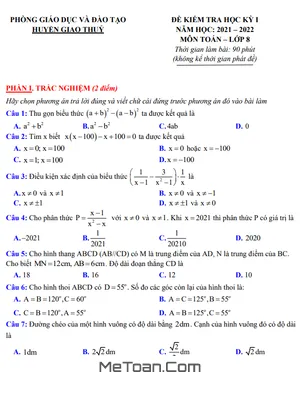 Đề kiểm tra Học kỳ 1 Toán 8 năm 2021 - 2022 phòng GD&ĐT Giao Thủy - Nam Định