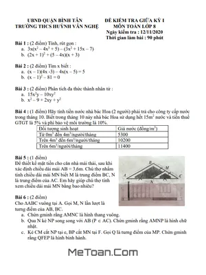 Đề thi giữa HK1 Toán 8 năm 2020 - 2021 trường THCS Huỳnh Văn Nghệ - TP HCM