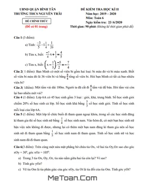 Đề thi học kì 2 Toán lớp 6 năm 2019 - 2020 trường THCS Nguyễn Trãi - TP.HCM có lời giải