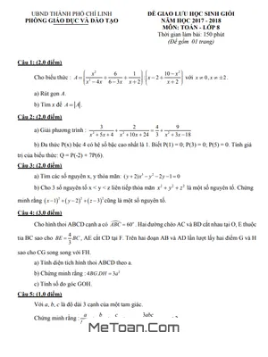 Đề Giao Lưu HSG Toán 8 Năm 2017 - 2018 Phòng GD&ĐT Chí Linh - Hải Dương