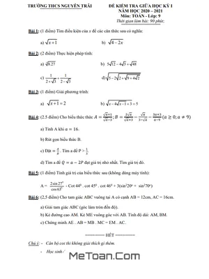 Đề thi giữa kì 1 Toán 9 năm 2020 - 2021 trường THCS Nguyễn Trãi - Đắk Nông