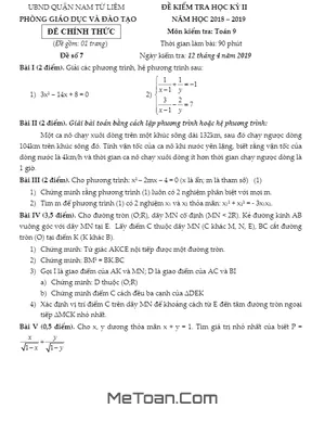 Đề thi HK2 Toán 9 năm 2018 - 2019 phòng GD&ĐT Nam Từ Liêm - Hà Nội