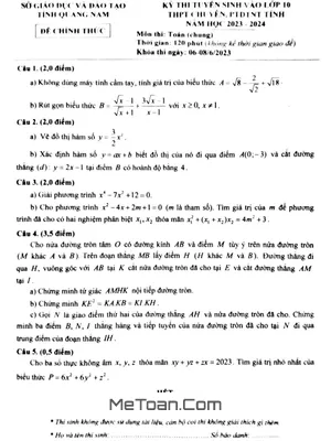 Đề thi Tuyển sinh Lớp 10 Chuyên Toán Quảng Nam Năm 2023 - 2024