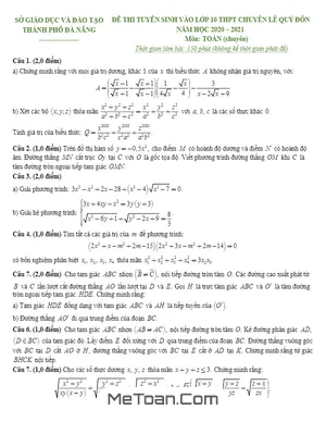 Đề thi vào lớp 10 môn Toán trường chuyên Lê Quý Đôn - Đà Nẵng năm 2020 - 2021 có lời giải