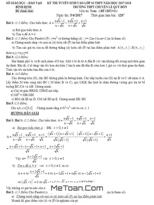 Đề thi tuyển sinh lớp 10 THPT chuyên Lê Quý Đôn - Bình Định năm 2017-2018 môn Toán