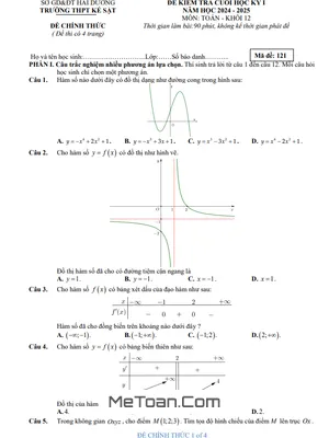 Đề thi học kỳ 1 Toán 12 năm 2024 - 2025 trường THPT Kẻ Sặt - Hải Dương