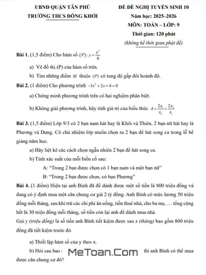 Bộ Đề Tham Khảo Tuyển Sinh 10 Môn Toán 2025 - 2026 Phòng GD&ĐT Tân Phú - TP.HCM