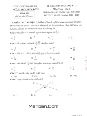 Đề Kiểm Tra Toán Lớp 6 Học Kỳ 2 Năm 2024 - 2025: Trường THCS Phúc Đồng, Hà Nội