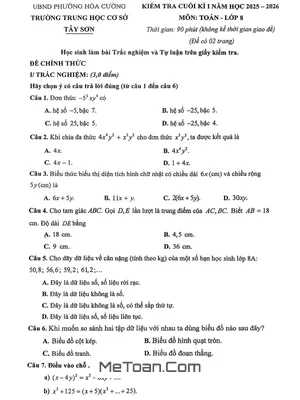 Đề Thi Cuối Học Kỳ 1 Toán 8 Năm 2025 – 2026 Trường THCS Tây Sơn – Đà Nẵng
