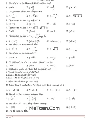 Trắc nghiệm đồ thị hàm số có đáp án (50 câu) - Cô Lê Thị Ái