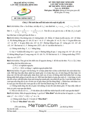 Đề thi chọn học sinh giỏi Toán 11 Trại hè Hùng Vương lần thứ 18 năm 2024
