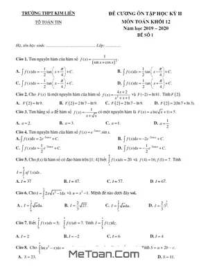 Đề Cương Ôn Tập HK2 Toán 12 Năm 2019 - 2020 Trường THPT Kim Liên – Hà Nội