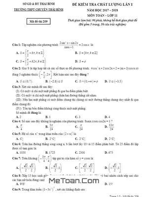 Đề kiểm tra chất lượng lần 1 môn Toán 11 năm 2017 - 2018 trường THPT chuyên Thái Bình