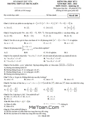 Đề thi học kỳ 1 Toán 10 năm 2021 - 2022 trường THPT Lê Trung Kiên - Phú Yên
